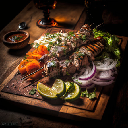 Shish kebab with vegetables on a wooden board. Toned.の素材