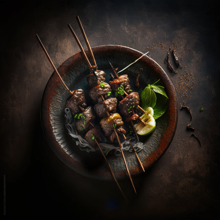 Beef kebab skewers on a dark background, top viewの素材