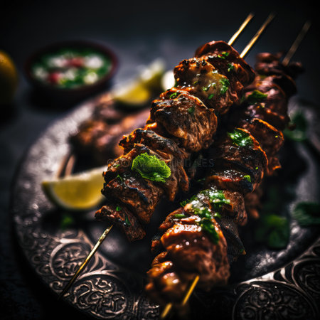 Skewers of lamb kebabs on metal skewers with lemon and herbs. Selective focus.の素材