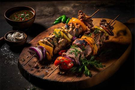 Shish kebab on skewers with vegetables on a wooden boardの素材