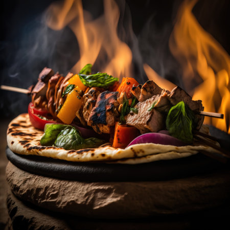 Pork shish kebab with vegetables on wooden skewersの素材