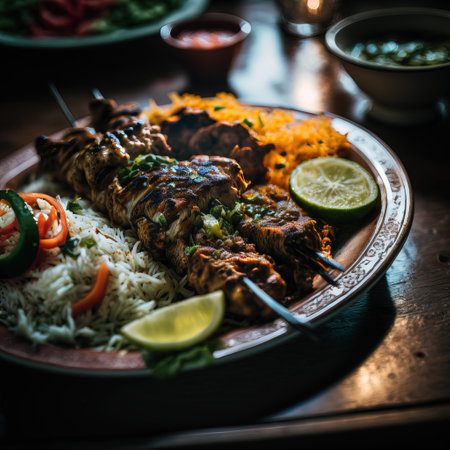 Indian tandoori chicken tikka served with rice and vegetablesの素材