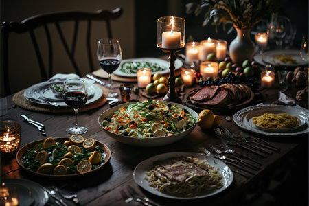 Table served for Christmas dinner with candles and food on wooden table.の素材
