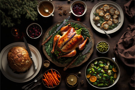 Thanksgiving dinner with roasted turkey on rustic wooden table, top viewの素材