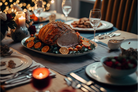 Christmas dinner with roast turkey and festive decoration on wooden table at homeの素材