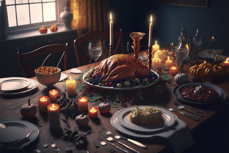 Thanksgiving dinner. Roasted turkey or turkey on festive table.の素材