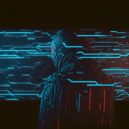 Cyber security concept with hacker and binary code. 3D Renderの素材