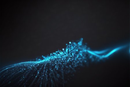 Abstract blue particle wave on dark background. Futuristic vector illustration.の素材