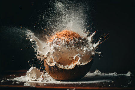 Coconut milk splashing into a coconut shell on a black backgroundの素材