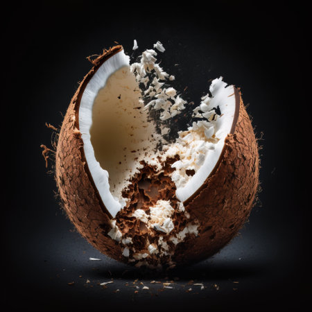 Broken coconut on a black background with splashes of coconut milkの素材