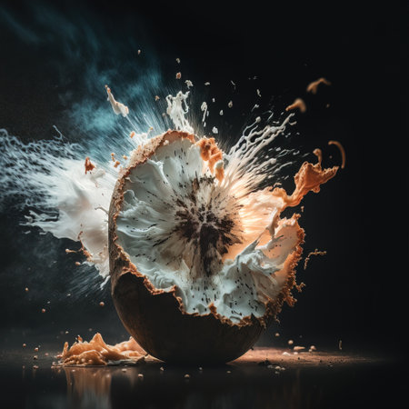 Coconut with splashes of water on a black background.の素材