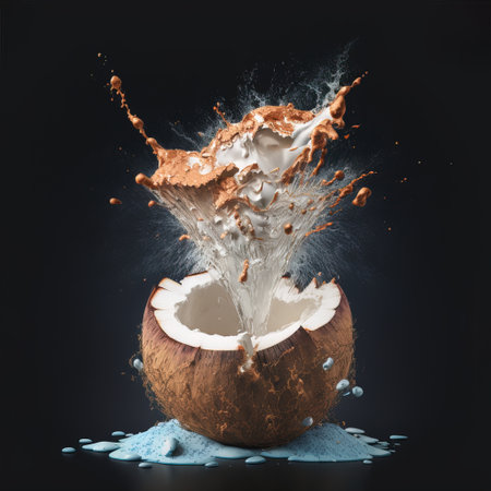 Coconut splashing into water on black background. 3d renderの素材