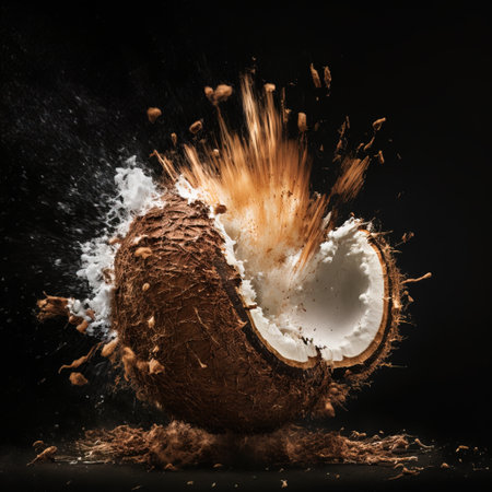 Coconut explosion on black background. Exotic fruit concept.の素材
