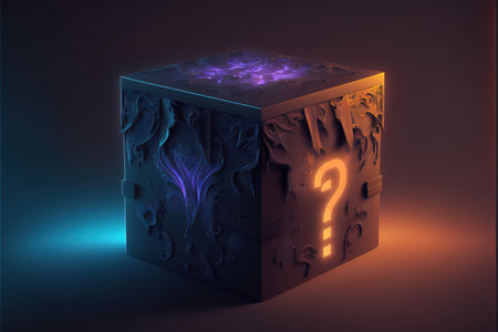 3d illustration of cube with question mark in neon light on dark backgroundの素材