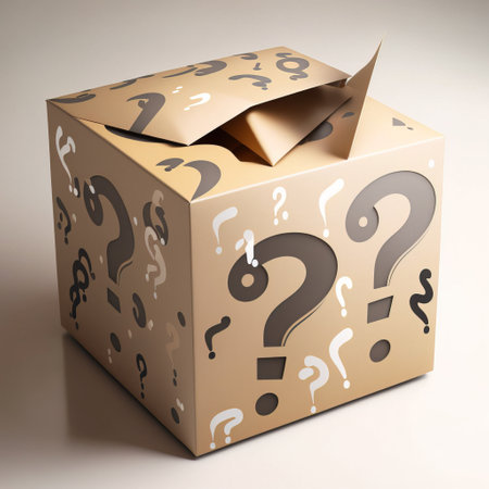 Surrealistic 3d rendering of a cardboard box with question marksの素材
