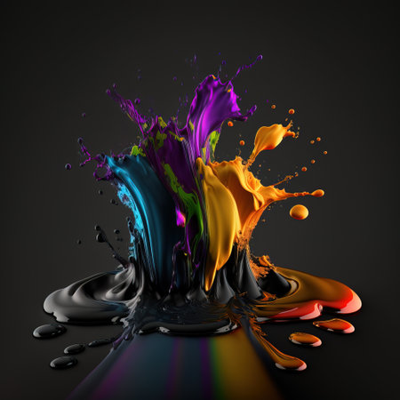 Colorful paint splashing on black background. 3d render illustrationの素材