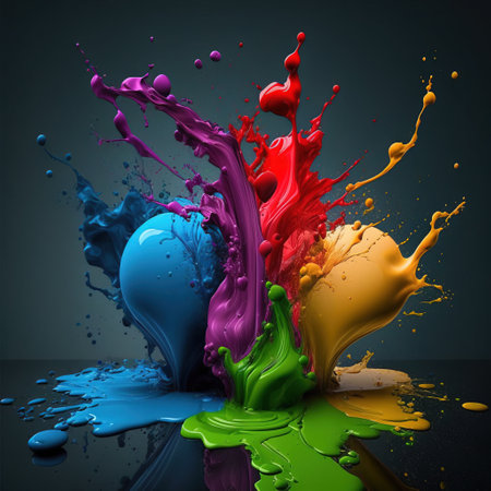 Colorful paint splashes isolated on black background. 3d renderの素材
