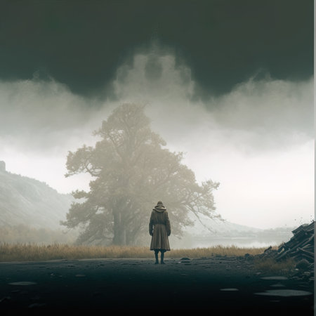 Mysterious woman standing in the middle of the road in a foggy forestの素材