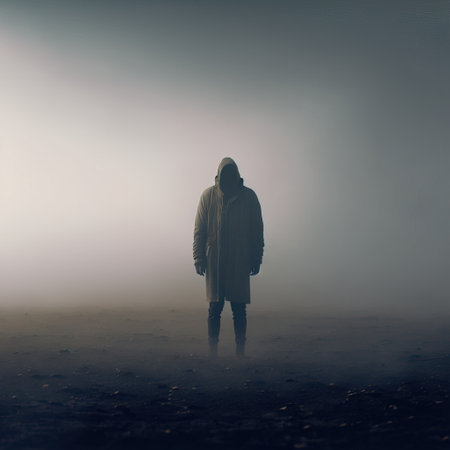 Silhouette of a man in a raincoat in the fogの素材