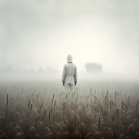 Man in a white hooded jacket standing in a foggy fieldの素材