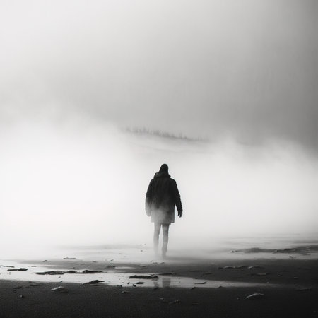 Man walking on the beach in foggy day, black and whiteの素材