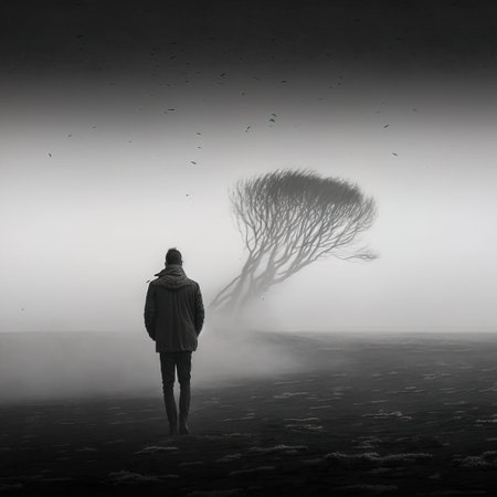 Silhouette of a man standing in the middle of the fogの素材