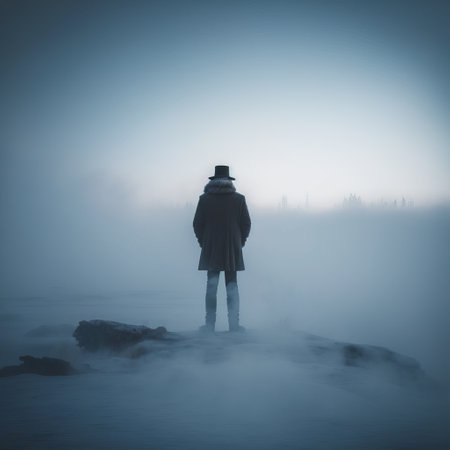 Man standing on the edge of a cliff with fog in the backgroundの素材