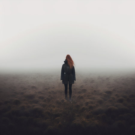 Young woman walking in foggy field. Concept of loneliness and depressionの素材
