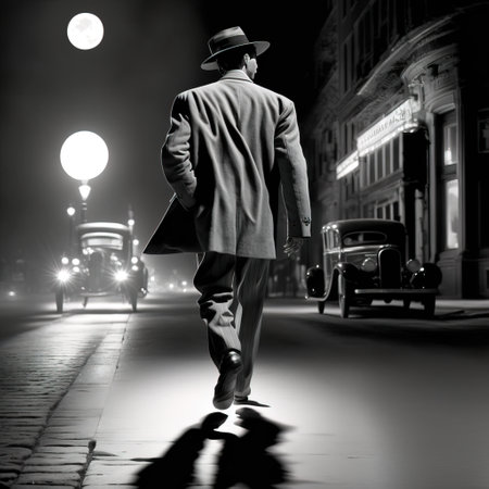 Fashionable man walking in the city street at night. Black and white photo.の素材