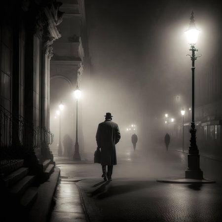 Man walking on the street at night in a foggy city.の素材