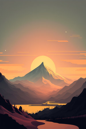 Mountains and lake at sunset. Nature landscape. Vector illustration.の素材