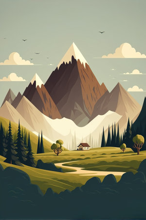 Landscape with mountains and forest. Vector illustration in retro style.の素材