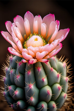 Macro shot of Mammillaria cactus plant with pink flowerの素材