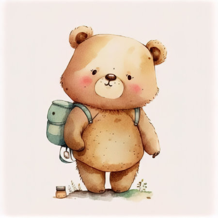 Watercolor illustration of a cute teddy bear with a backpack.の素材