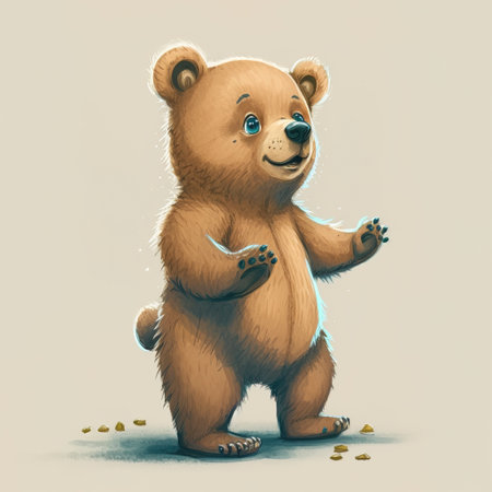 Cute cartoon brown bear stands on his hind legs and holds a handful of coins.の素材