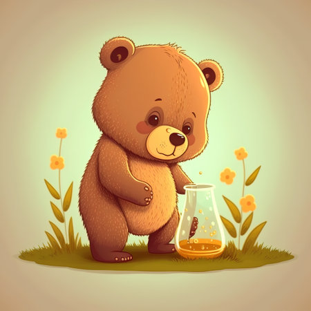 Cute cartoon bear with a jar of honey. Vector illustration.の素材