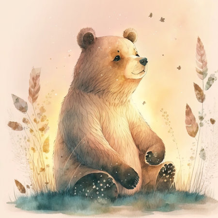 Watercolor illustration of a cute bear sitting in the grass at sunsetの素材