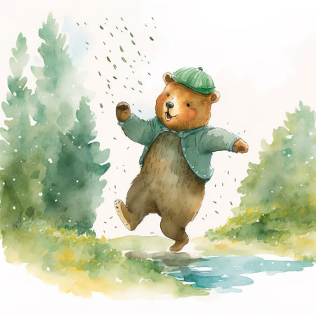 Watercolor illustration of a cute teddy bear running in the rainの素材