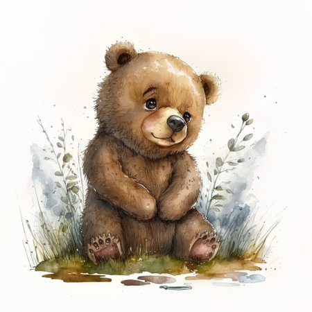 Watercolor illustration of a teddy bear sitting in the grass.の素材