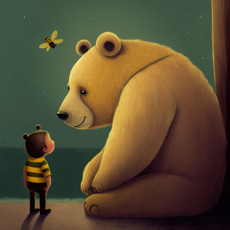 Little boy and big brown bear with bee on his back. Vector illustration.の素材