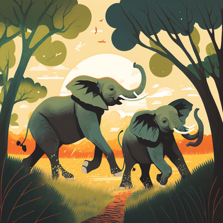 Elephants in the jungle. Vector illustration in retro style.の素材