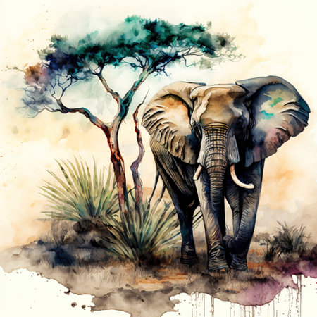 African elephant in the savannah. Watercolor painting on canvas.の素材