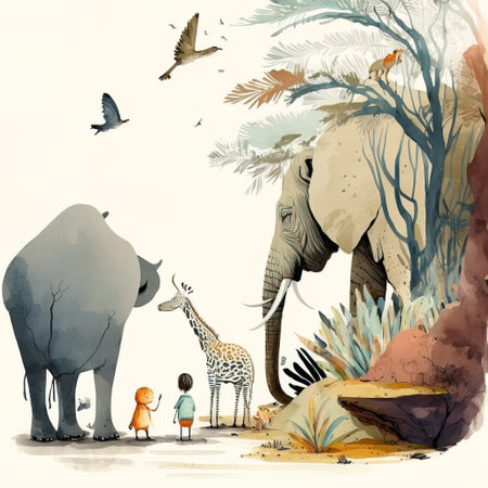 African savannah with animals. Watercolor hand drawn vector illustration.の素材