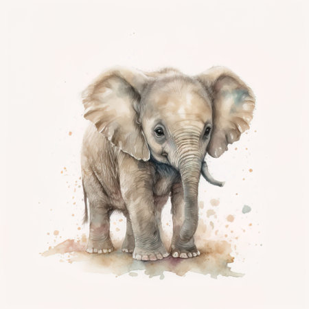 Watercolor illustration of a baby elephant isolated on a white background.の素材