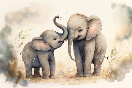 Watercolor painting of an elephant with a baby elephant in the savannahの素材