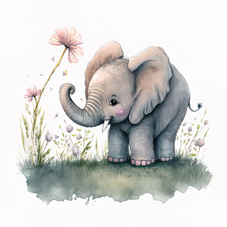 Watercolor illustration of a cute elephant on a meadow with flowersの素材