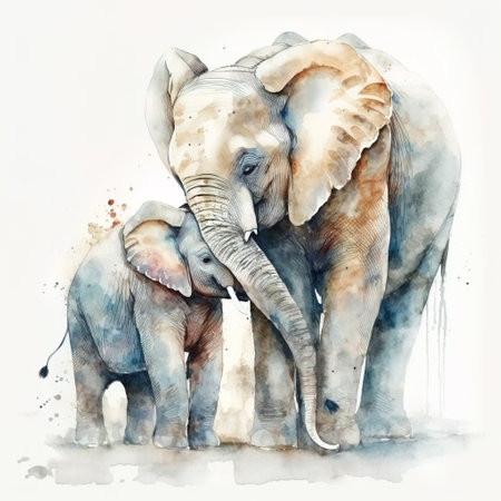 Watercolor illustration of a baby elephant with its mother on a white backgroundの素材