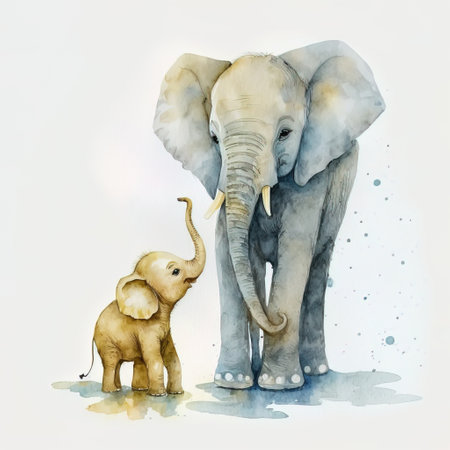 Watercolor illustration of a baby elephant with his mother on a white backgroundの素材