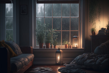 Interior of a cozy living room with a large window. 3d render.の素材