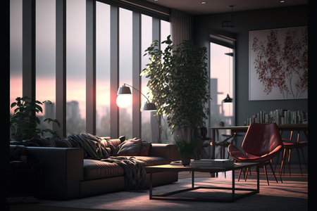 Modern living room interior design. 3d render. Evening light.の素材
